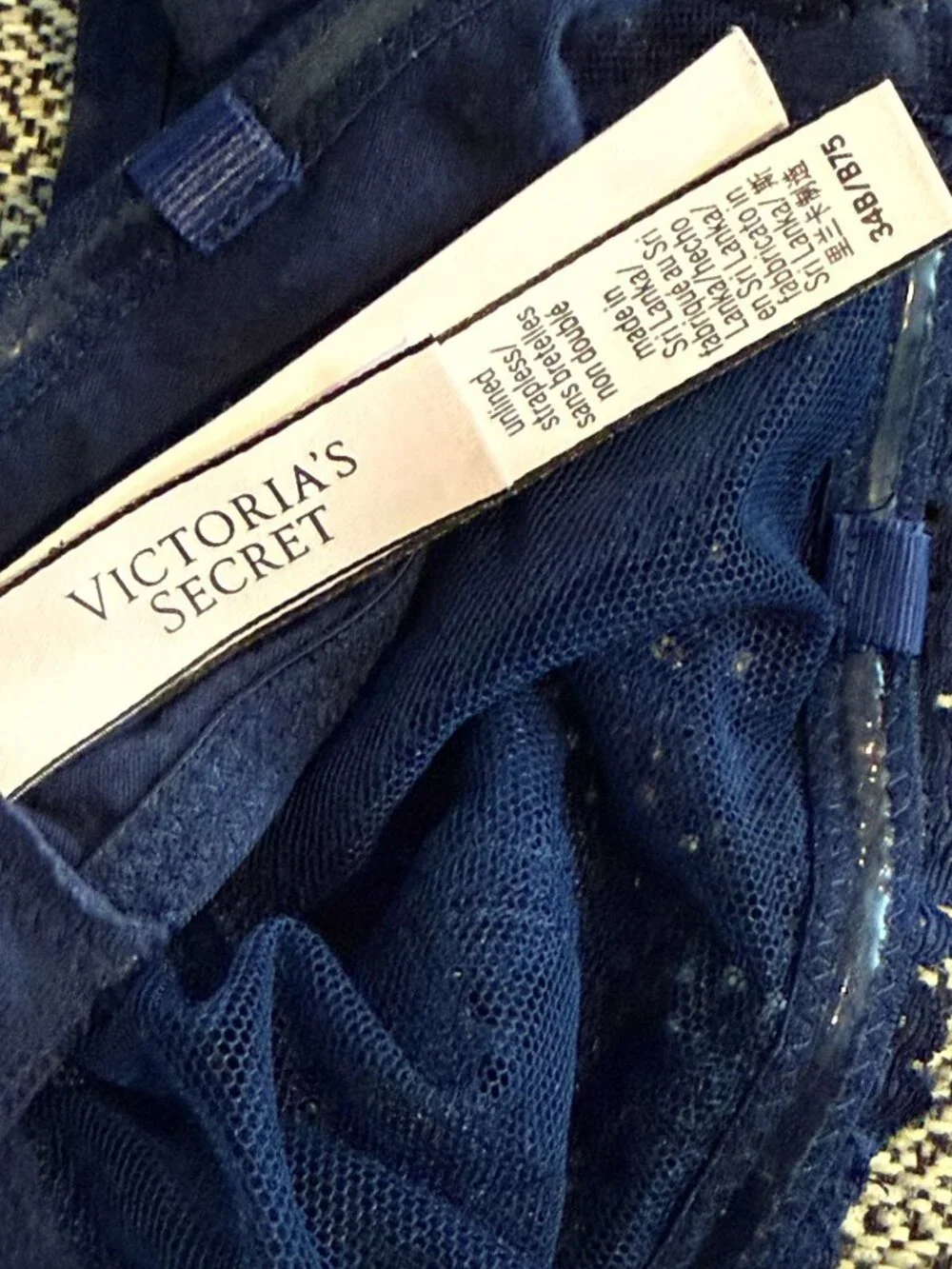 Victorias Secret 34B Navy Blue Lace Strapless Underwire Bra